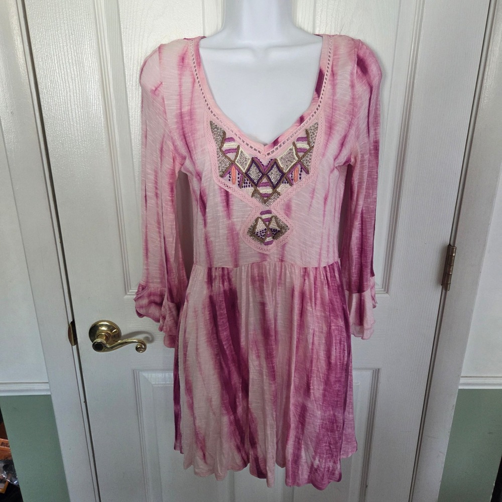 Free People XS Tie Dye Embroidered Mini Dress Pink Beaded Ruffle Boho Festival